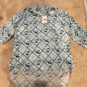 Holly Shae Blue Asian Chinoiserie Print Tunic One Size PLUS SIZE NWT